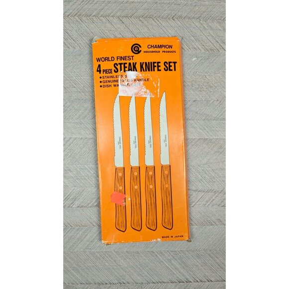 Champion Steak Knife Set of 4 Stainless Steel Blades Wood Handles Japan NEW - Picture 5 of 7